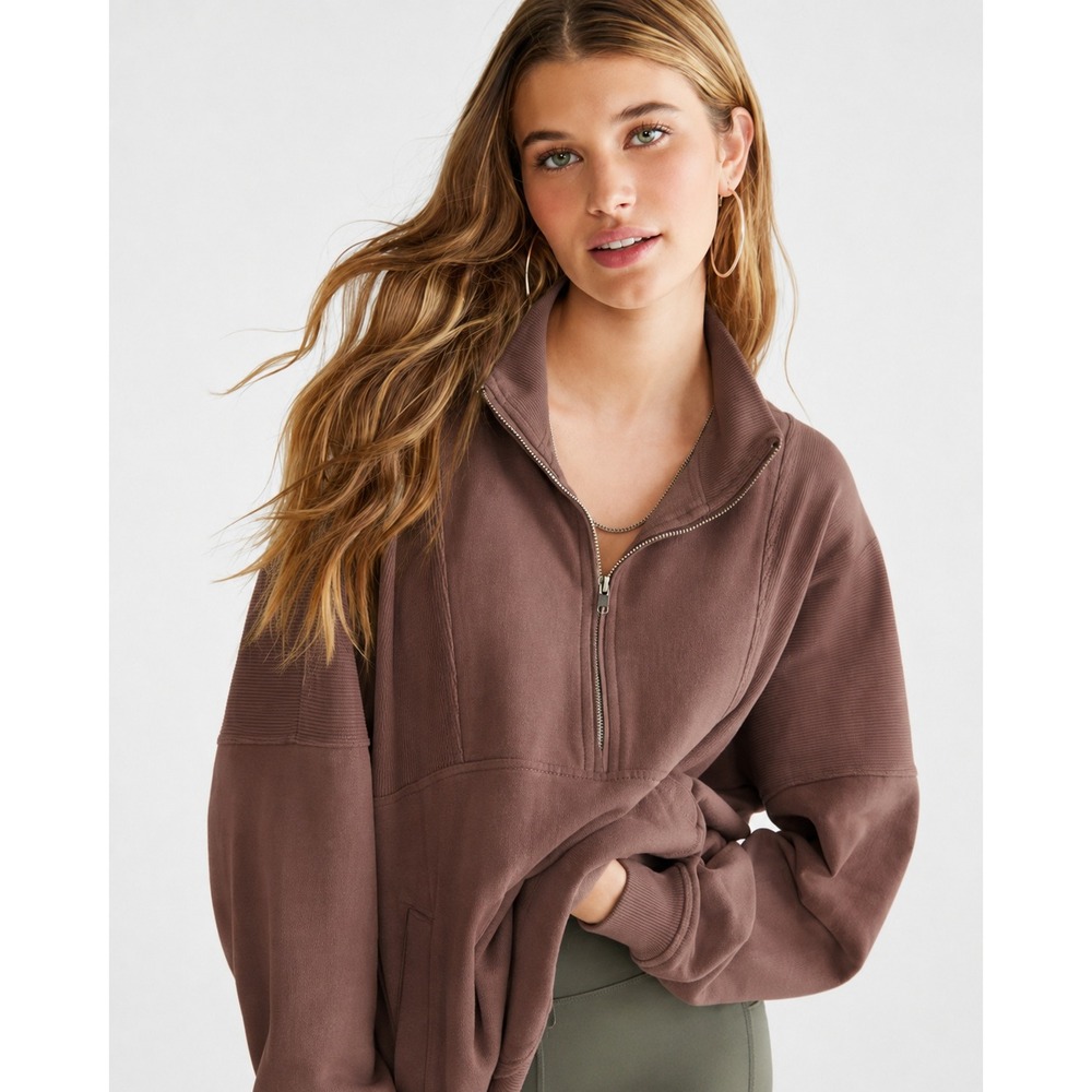 Aeropostale Brown Quarter Zip Ribbed Mock-Neck Pullover Sweatshirt Small